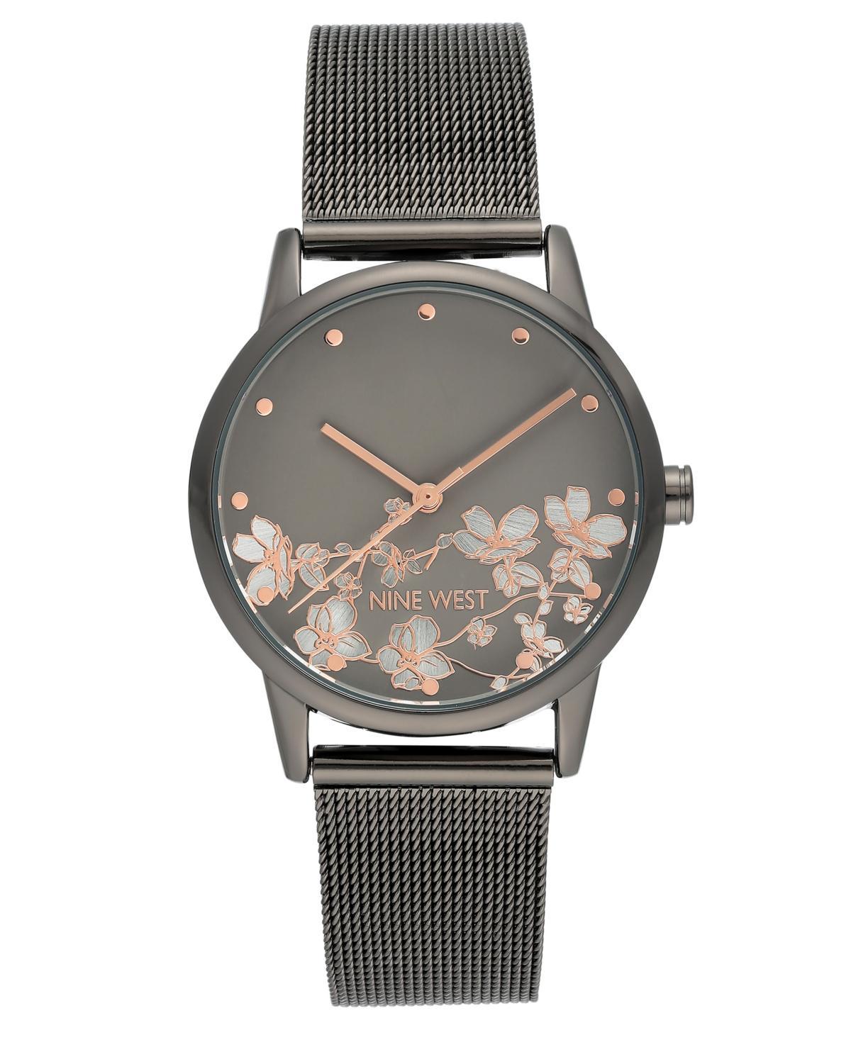 Nine West Womens Gray Stainless Steel Mesh Bracelet Watch with Flower Dial Oxford Product Image