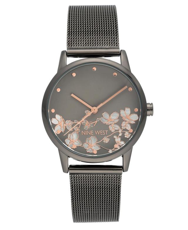 Nine West Womens Gray Stainless Steel Mesh Bracelet Watch with Flower Dial Oxford Product Image