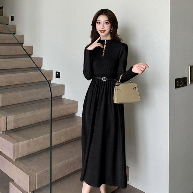 Long-Sleeve Mock Neck Cutout Plain Midi A-Line Dress Product Image