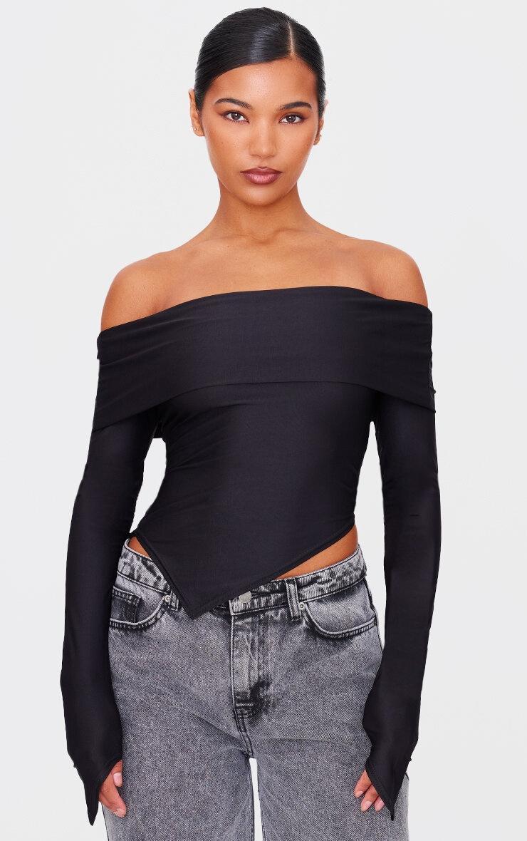 Black Slinky Bardot Asymmetric Long Top Product Image