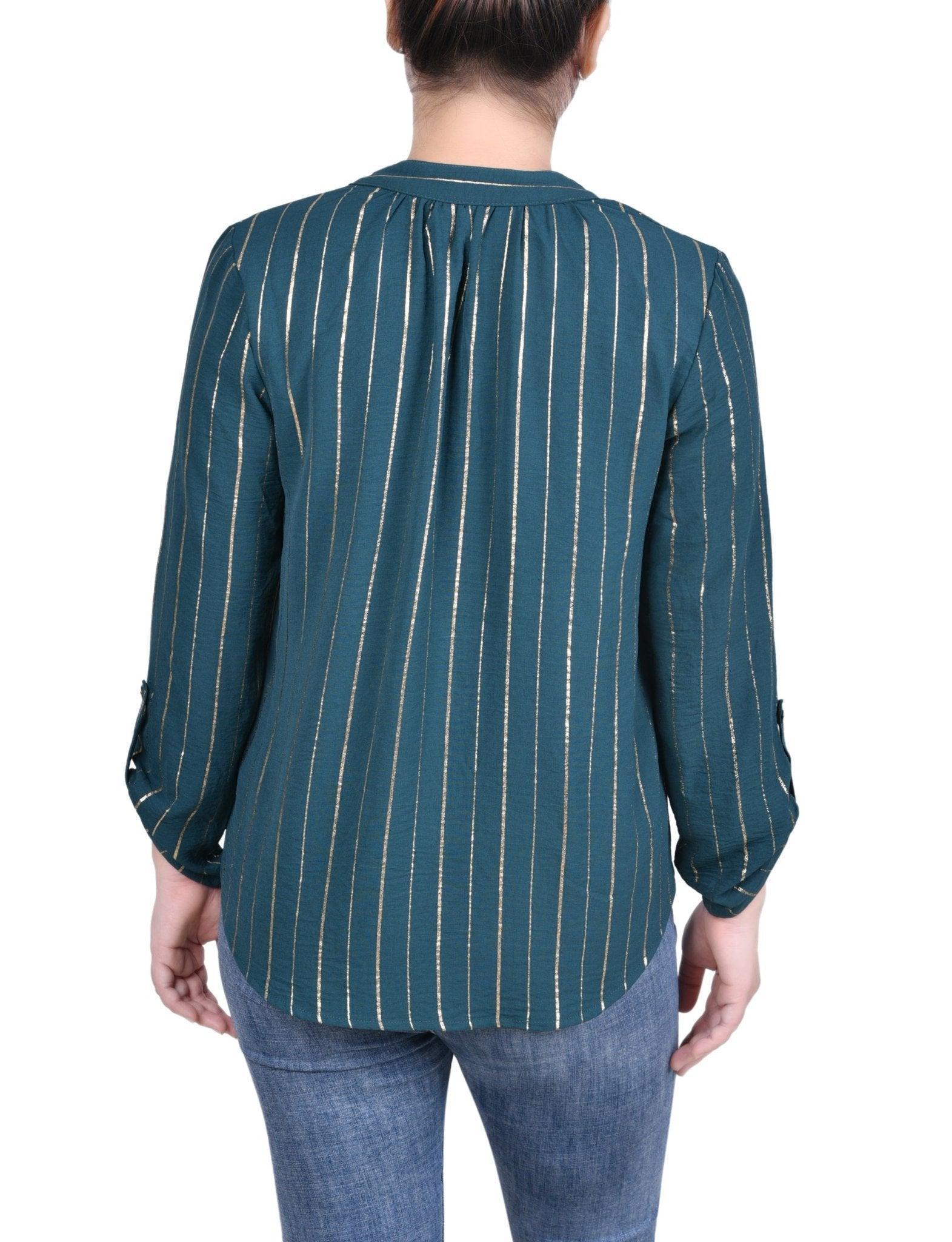 NY Collection Long Sleeve Foil Striped Blouse - Petite Product Image