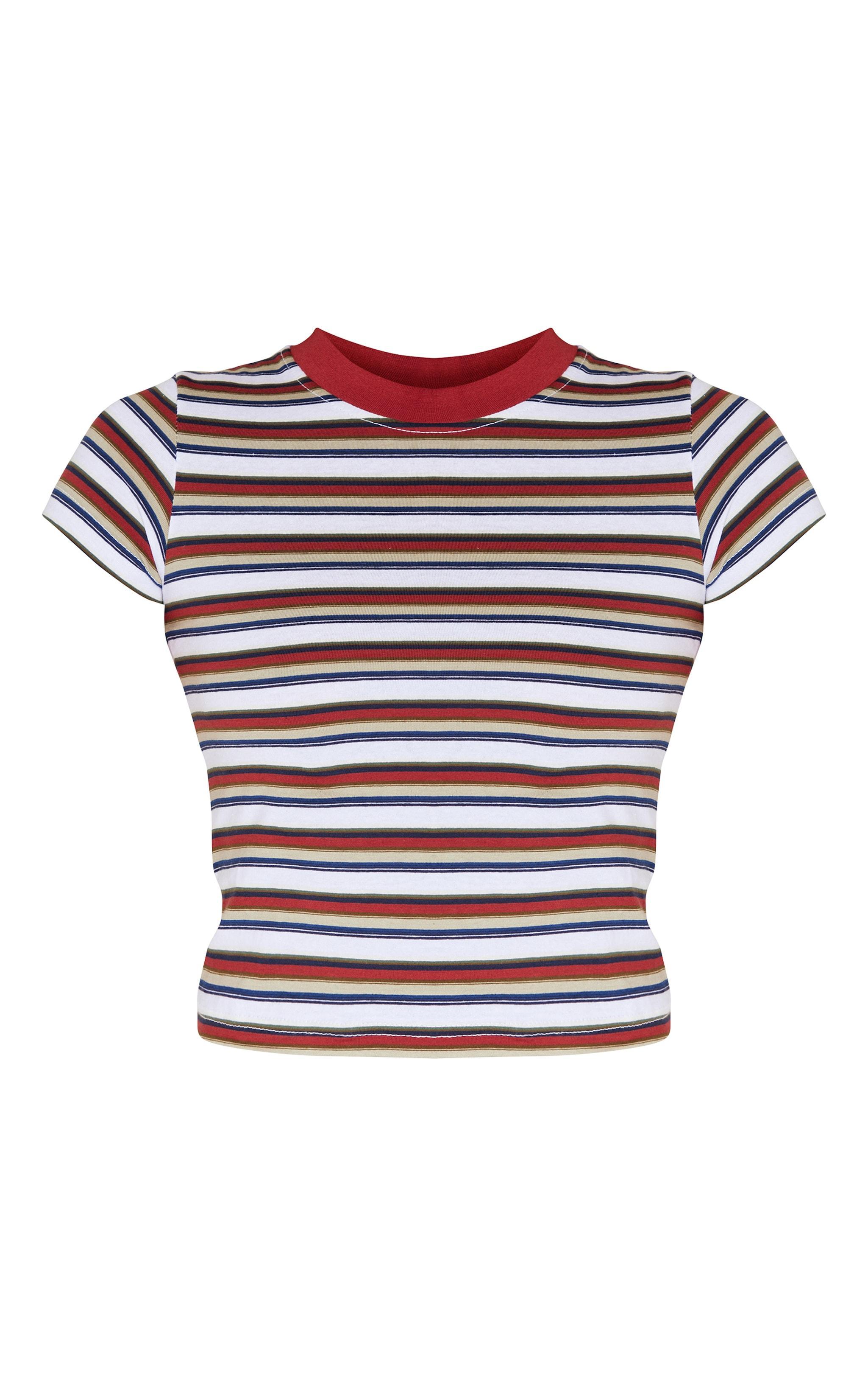  Burgundy Striped Contrast Collar Short Sleeve Top Product Image