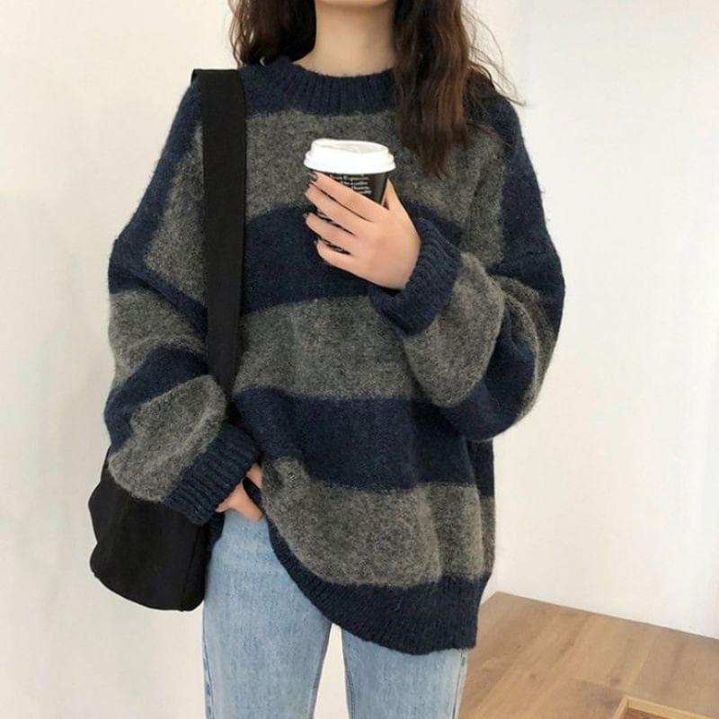 Crew Neck Striped Oversized Sweater Product Image