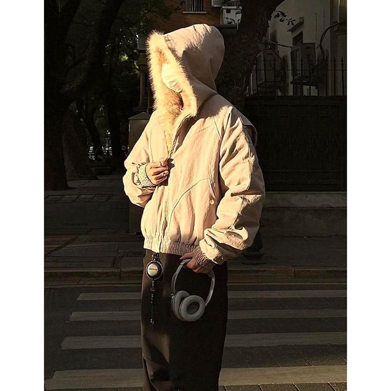 Fluffy Panel Hooded Zip-Up Jacket Product Image