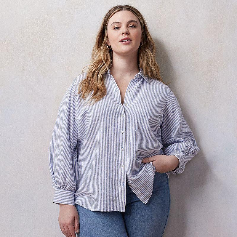 Plus Size LC Lauren Conrad Oversized Volume Sleeve Linen Blend Button Down Shirt, Womens Product Image