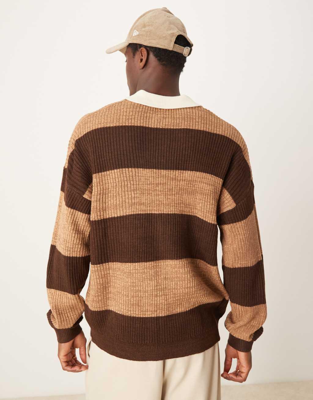 ASOS DESIGN relaxed knit rugby polo shirt in heathered brown stripe Product Image