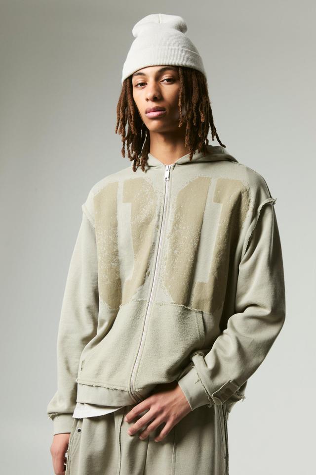 Oversized Boxy Varsity Raw Edge Applique Zip Through Funnel Neck Loopback Hoodie | boohooMAN USA Product Image