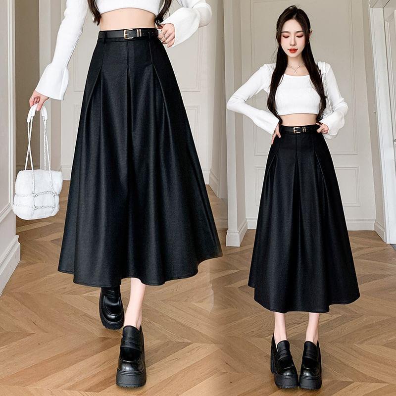 High Waist Plain Inverted Pleated Faux Leather Midi A-Line Skirt Product Image