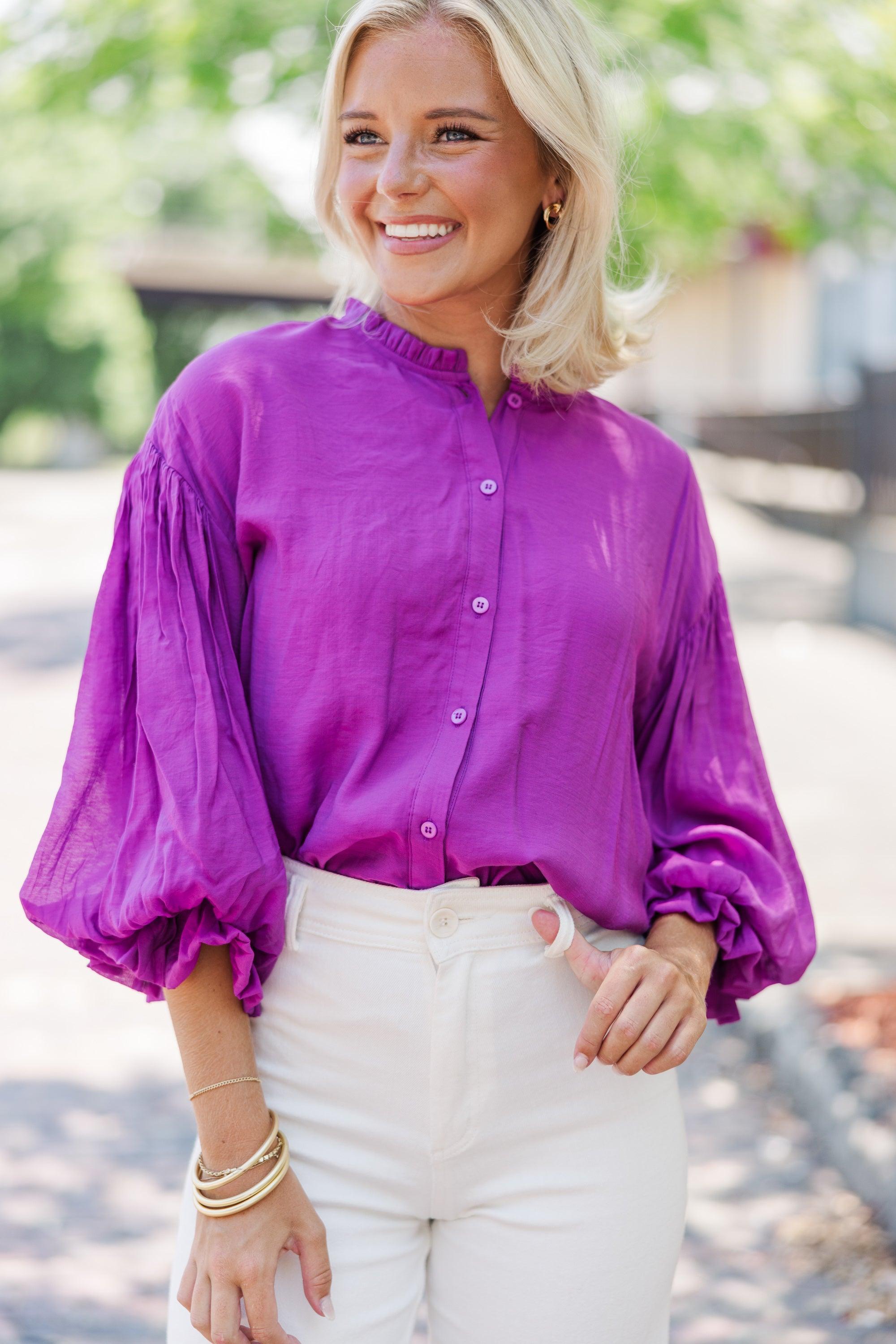 Somewhere New Purple Ruffled Blouse Female Product Image