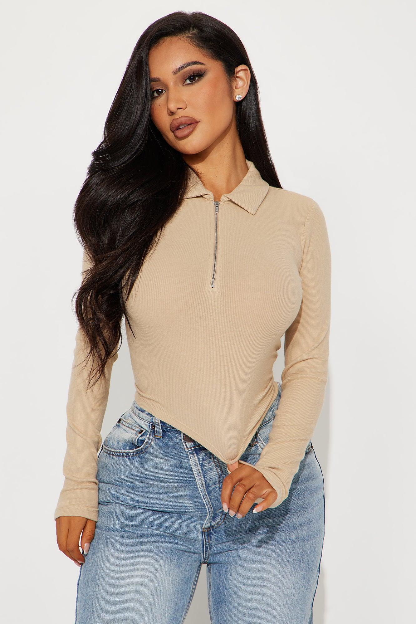 Camila Collared Ribbed Top - Sand Product Image