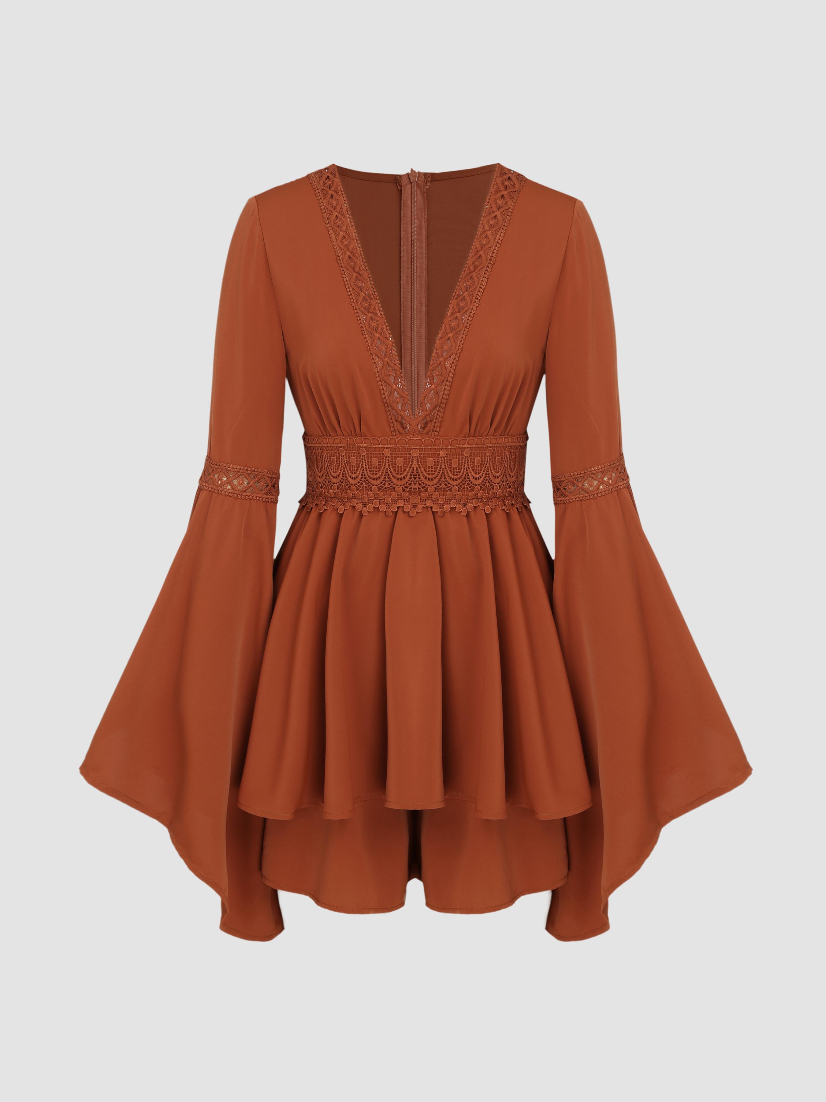 Solid Lace V-neck Bell Sleeve Playsuit Product Image