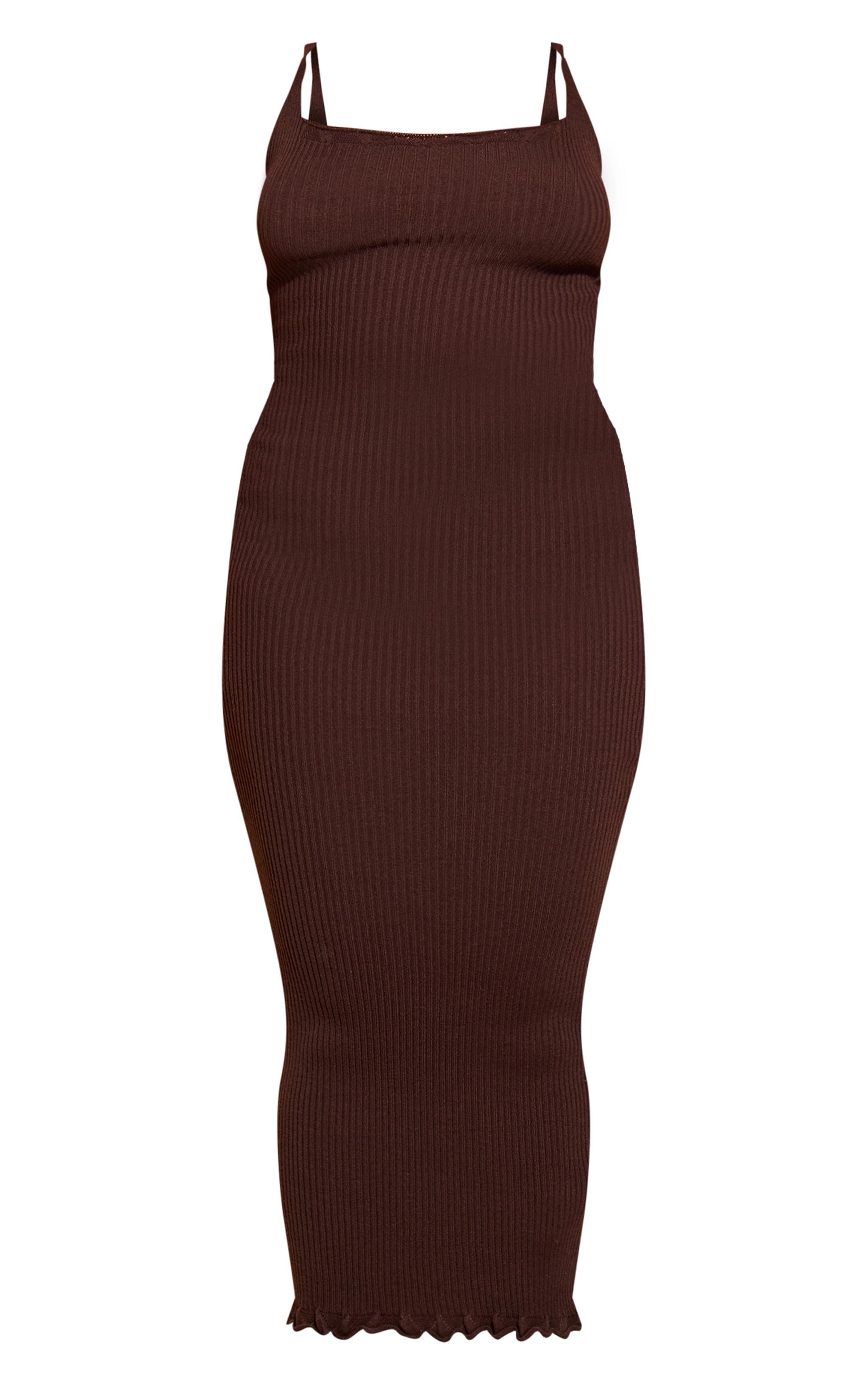 Plus Chocolate Knitted Ribbed Edge Detail Midi Dress Product Image