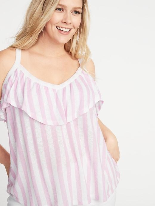 Printed Ruffled Linen-Blend Plus-Size Sleeveless Top Product Image