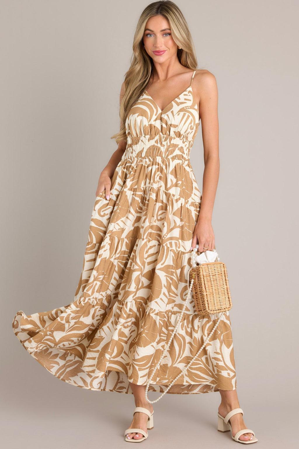 Caribbean Dream Tan Tropical Print Maxi Dress Product Image