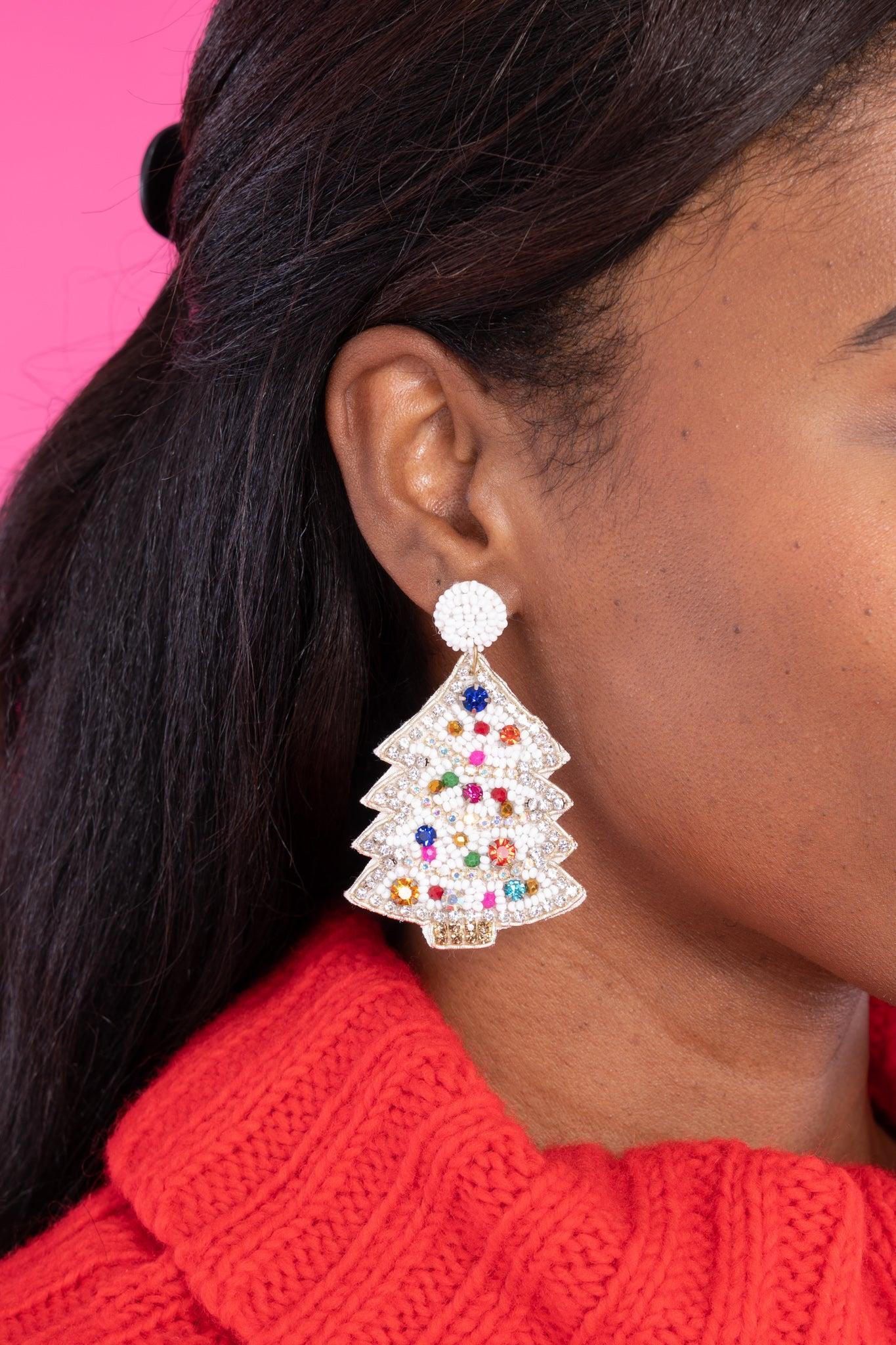 Festive Christmas Tree White Beaded Earrings Product Image