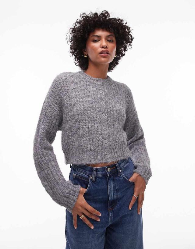 Topshop knitted cropped fluffy cable cardi in gray Product Image