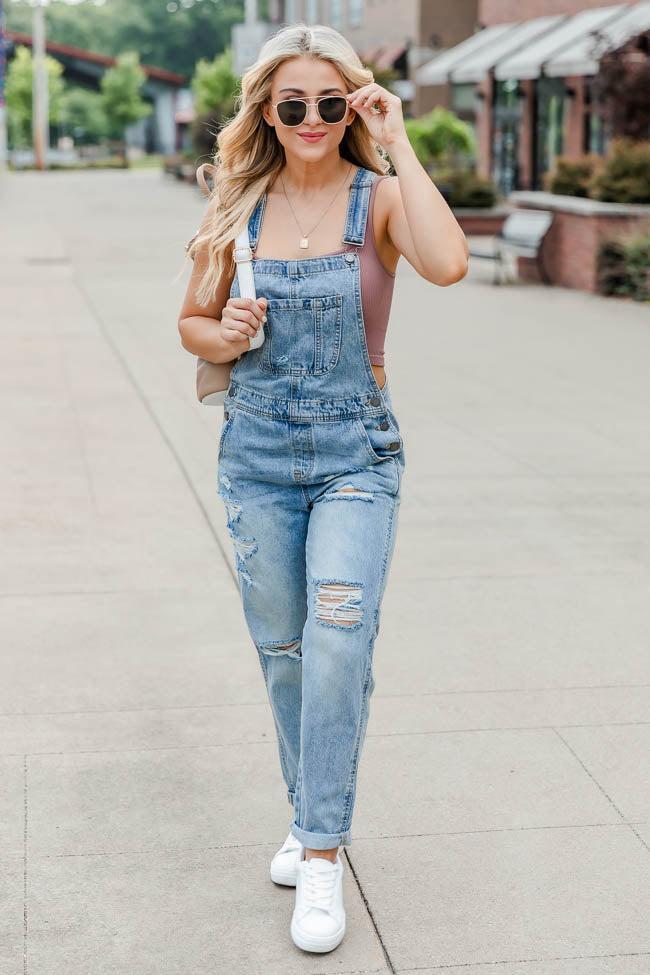 Don't Go Yet Distressed Boyfriend Denim Overalls FINAL SALE Product Image