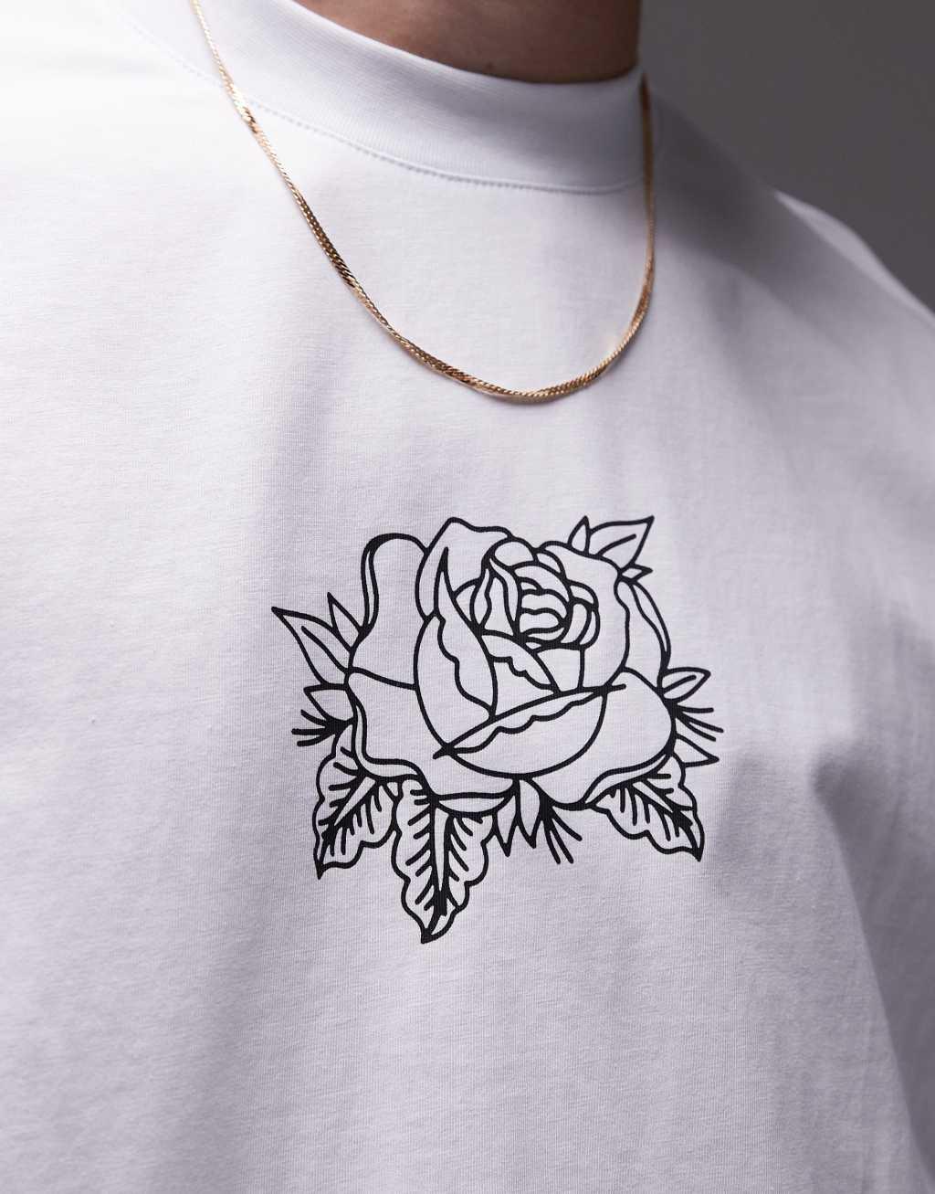 Topman oversized fit t-shirt with rose tattoo print in white Product Image