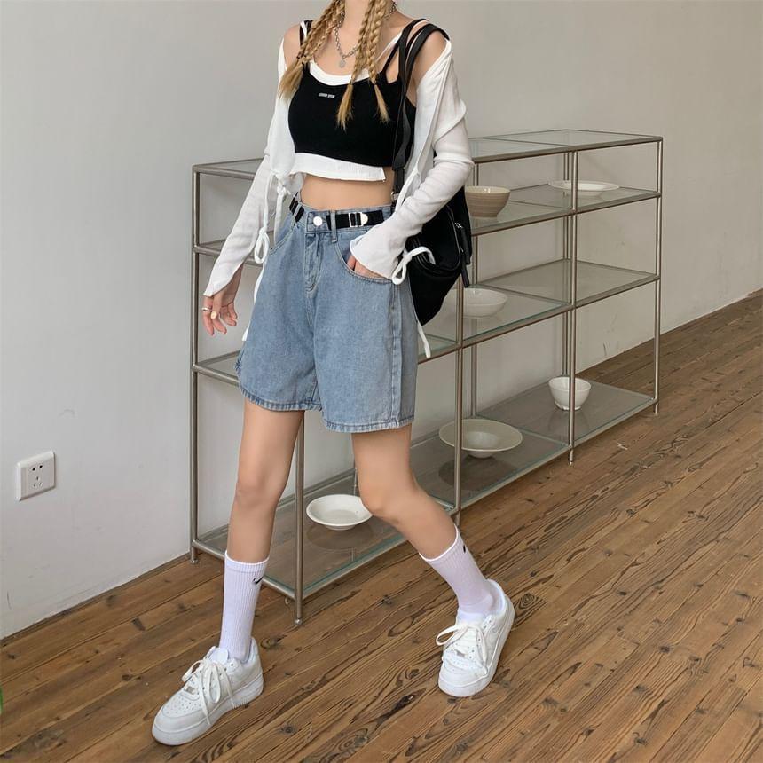 High Waist Washed Wide Leg Denim Shorts Product Image