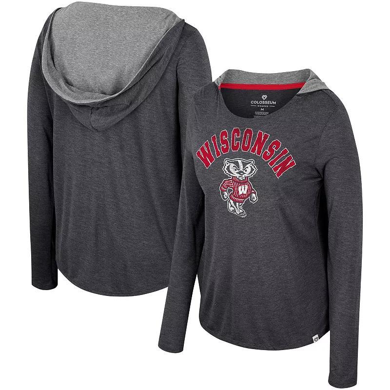 Womens Colosseum Wisconsin Badgers Distressed Heather Long Sleeve Hoodie T-Shirt Product Image