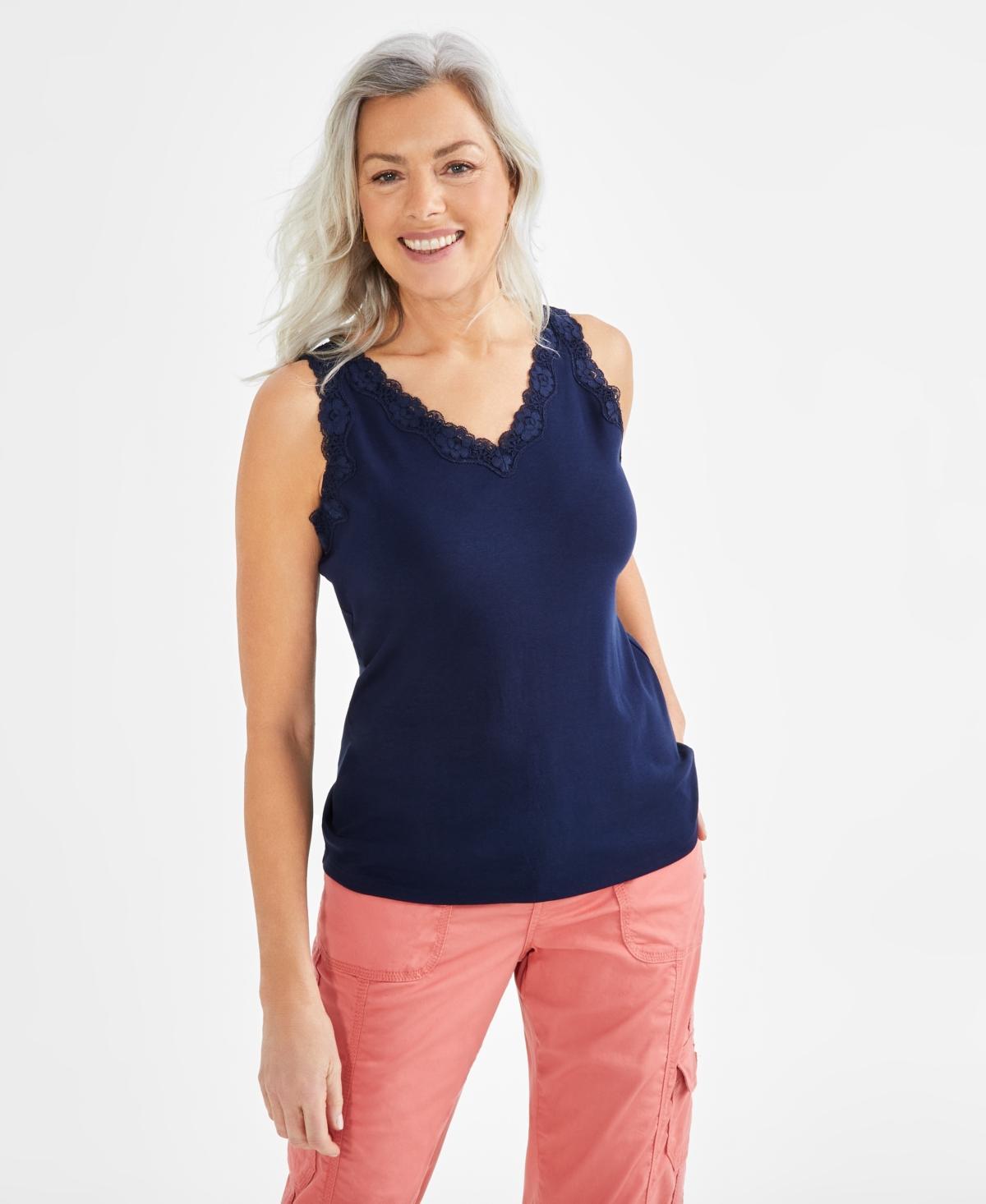 Women's Lace-Trim Cotton Tank Top, Created for Macy's Product Image