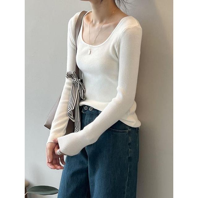 Long-Sleeve Square Neck Ribbed Knit Top Product Image