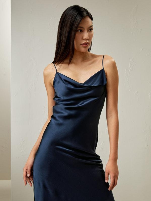 Cowl Neck Oblique-layered Silk Dress Product Image