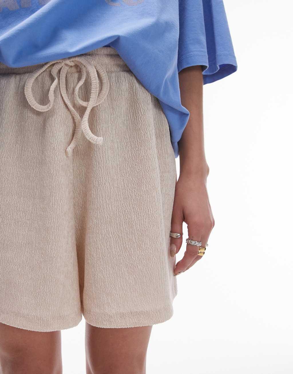 Topshop casual crinkle drawstring shorts in stone Product Image