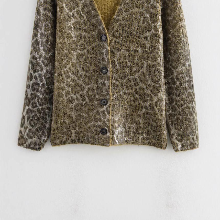 V-Neck Leopard Print Button-Up Cardigan Product Image