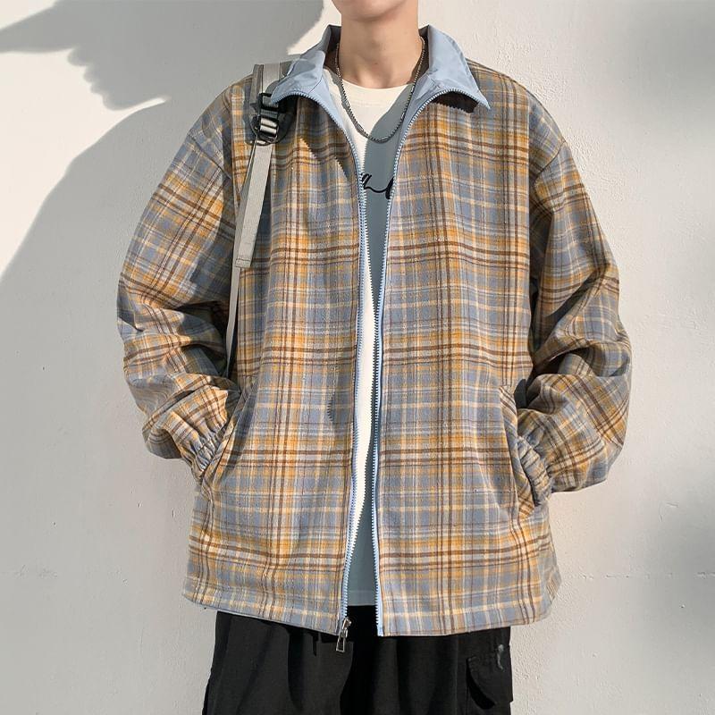 Stand Collar Plaid Panel Zip Jacket Product Image