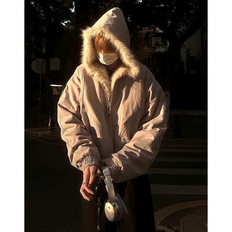 Fluffy Panel Hooded Zip-Up Jacket Product Image