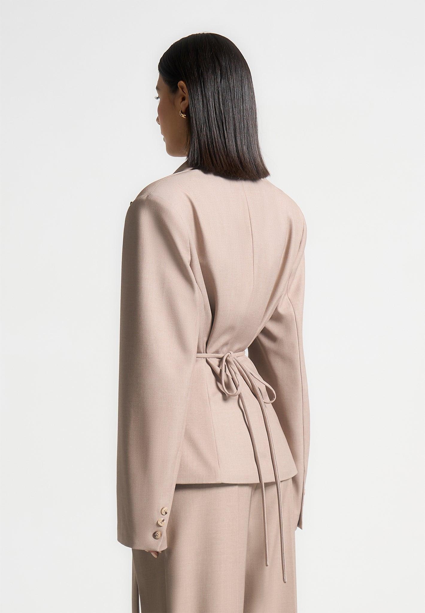 Wide Shoulder Tailored Blazer with Twin Belt - Taupe Female Product Image