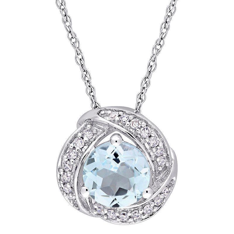 Stella Grace 10k White Gold Sky Blue Topaz & 1/10 Carat T.W. Diamond Swirl Halo Pendant Necklace, Womens 10k Whgold Product Image