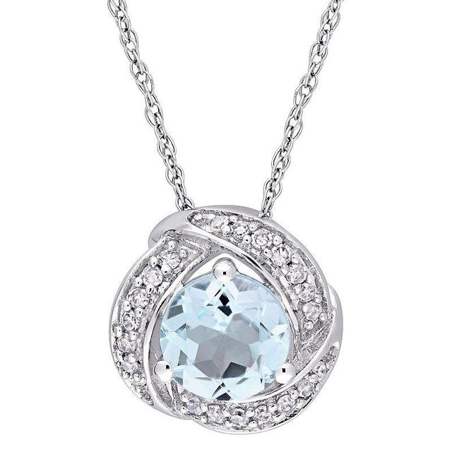 Stella Grace 10k White Gold Sky Blue Topaz & 1/10 Carat T.W. Diamond Swirl Halo Pendant Necklace, Womens Product Image