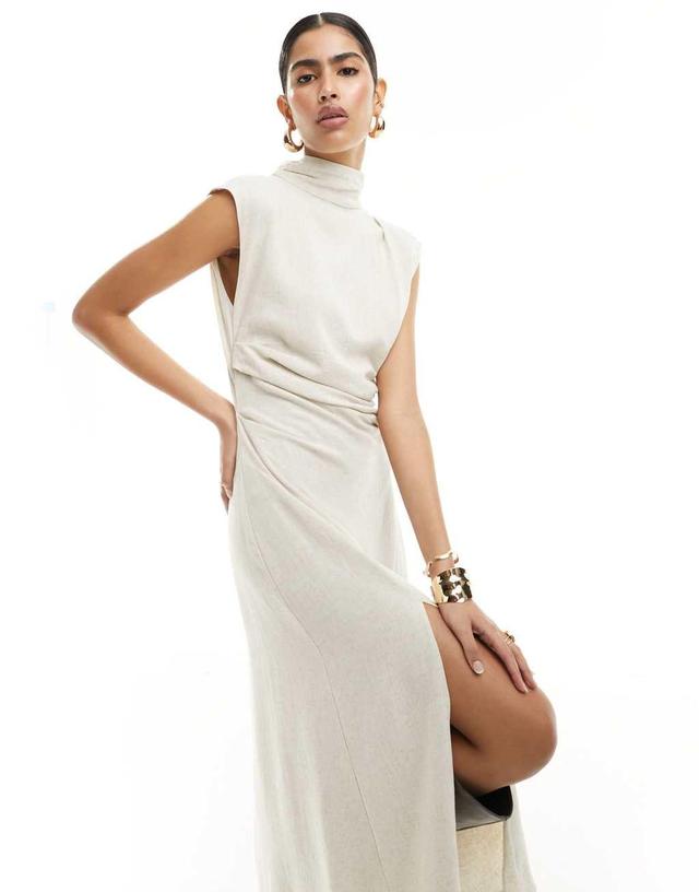 ASOS DESIGN linen high neck grown on sleeve midi dress with open back and button neck detail in oatmeal Product Image