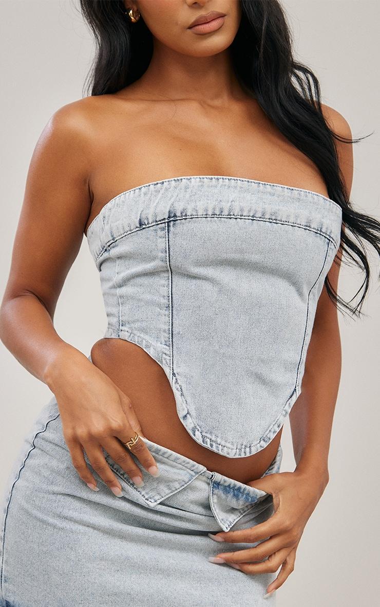 Light Blue Wash Dipped Hem Bandeau Denim Top Product Image