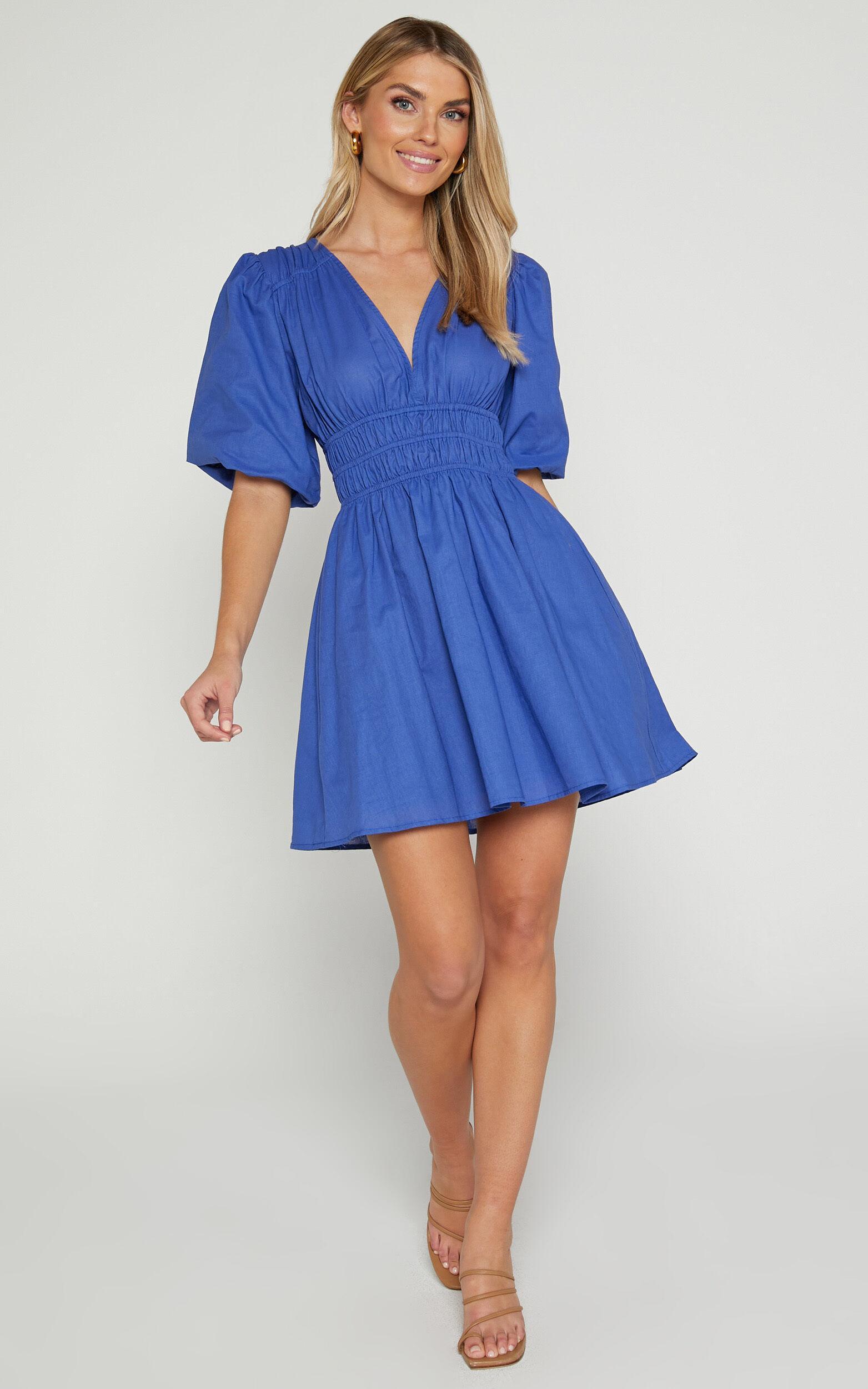 Francesca V Neck Puff Sleeves Mini Dress in Cornflower Blue Product Image