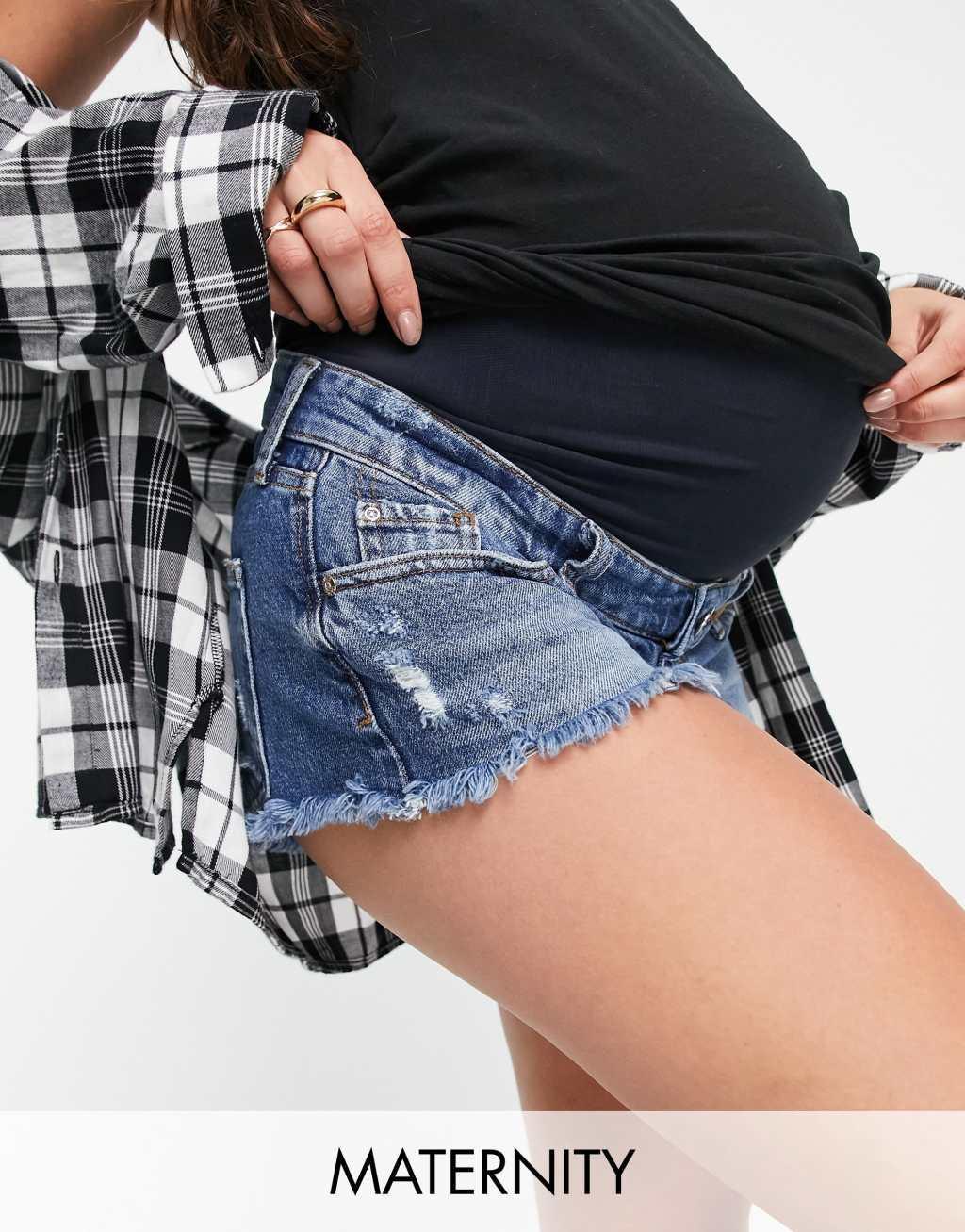 River Island Maternity raw hem denim mom shorts in mid auth blue product image