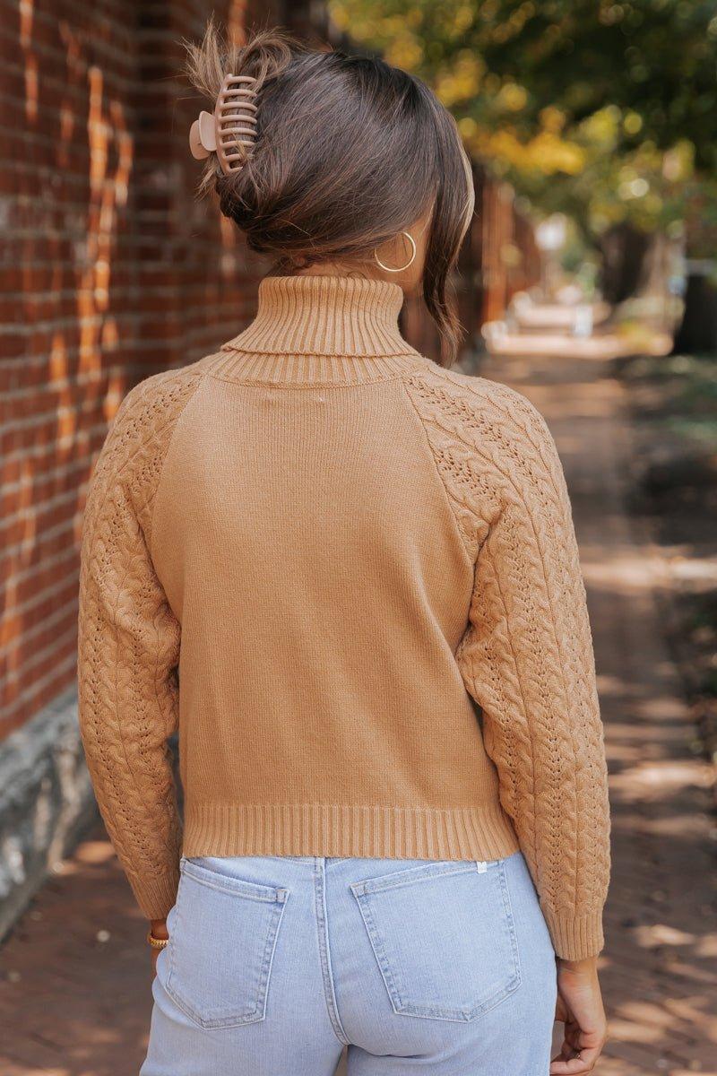 Camel Cable Knit Sleeve Turtleneck Sweater - FINAL SALE Female Product Image