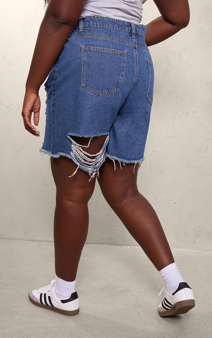 Plus Mid Blue Wash Distressed Longline Boyfriend Shorts Product Image