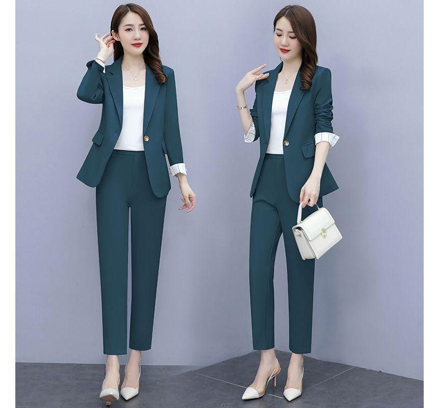 Set Of 3: Plain Single-Button Blazer + Mid Waist Straight Leg Dress Pants + Camisole Top Product Image