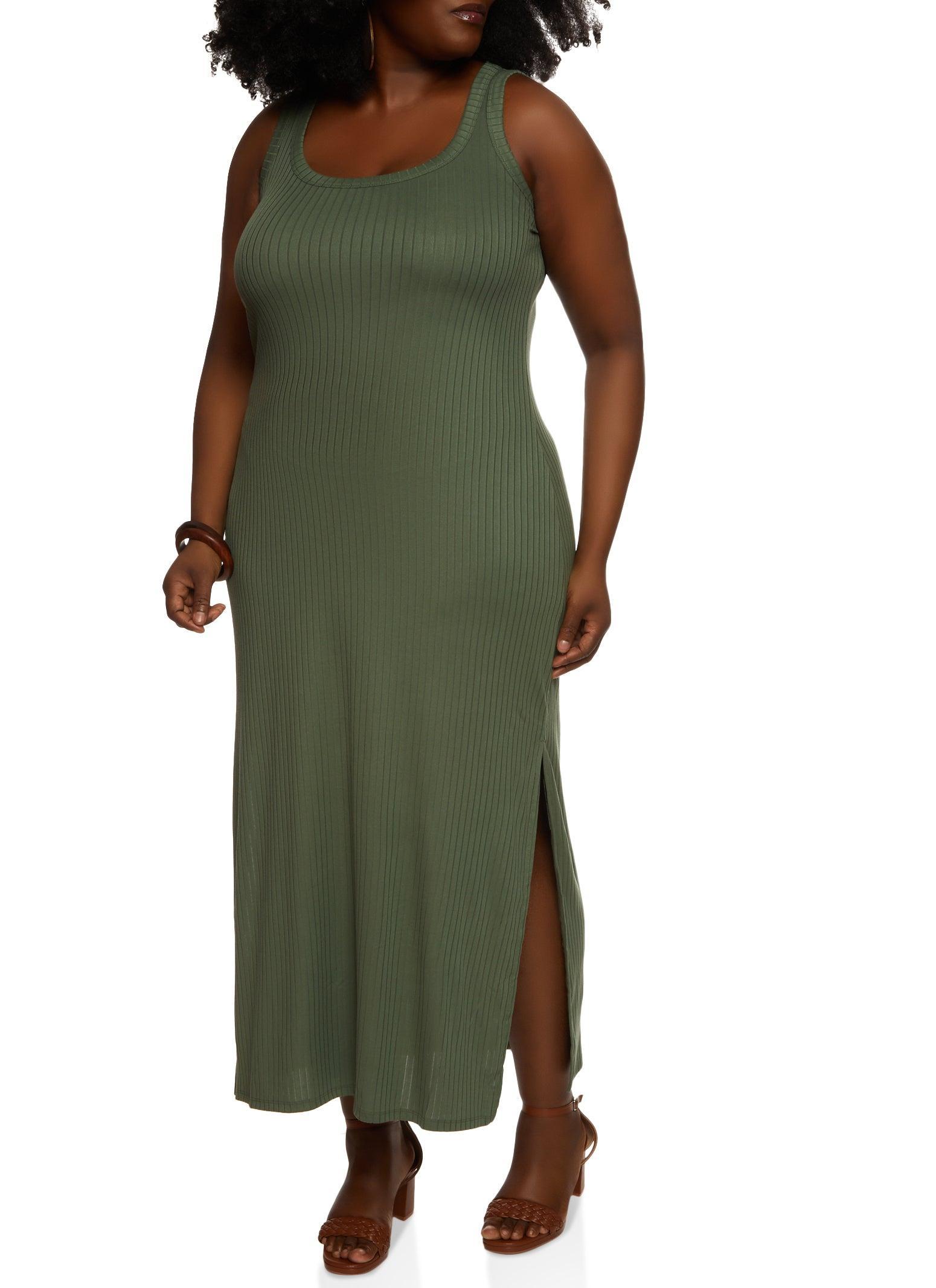 Womens Plus Size Ribbed Knit Side Slit Maxi Tank Dress Product Image