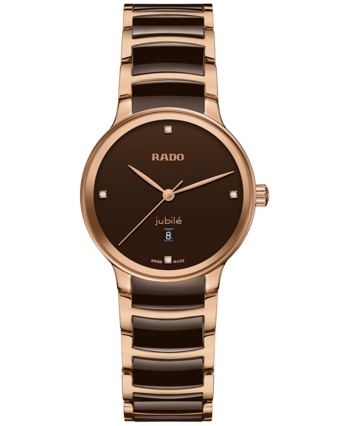 Rado Womens Swiss Centrix Diamond Accent Brown Ceramic & Rose Gold Pvd Bracelet Watch 31mm Product Image