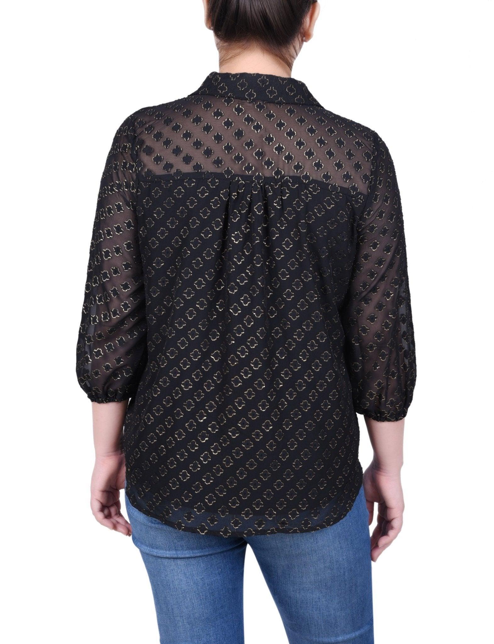 3/4 Length Sleeve Foiled Jacquard Chiffon Blouse - Petite Product Image