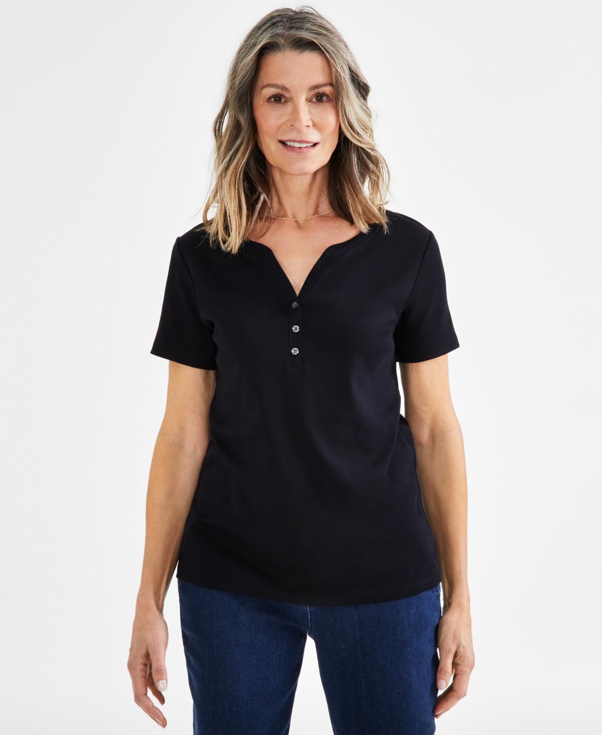 Women's Short-Sleeve Cotton Henley Top, Created for Macy's Product Image