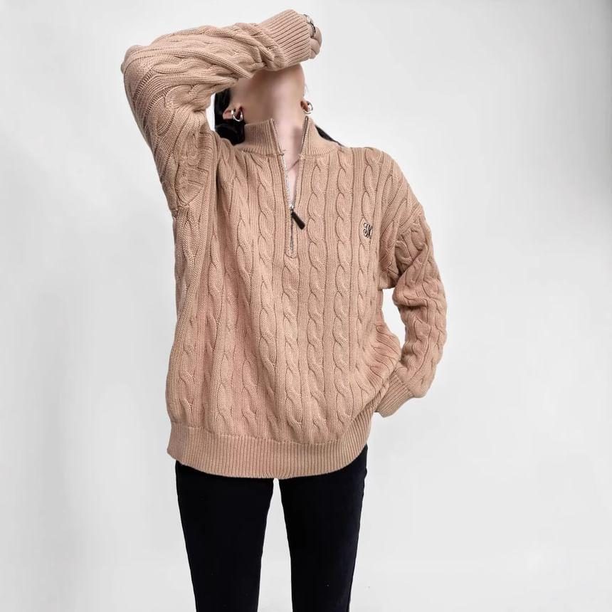 Stand Collar Half Zip Plain Cable Knit Sweater Product Image