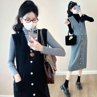 Maternity Long-Sleeve Turtleneck Plain Tee / V-Neck Button-Up Midi Pinafore Dress / Set Product Image