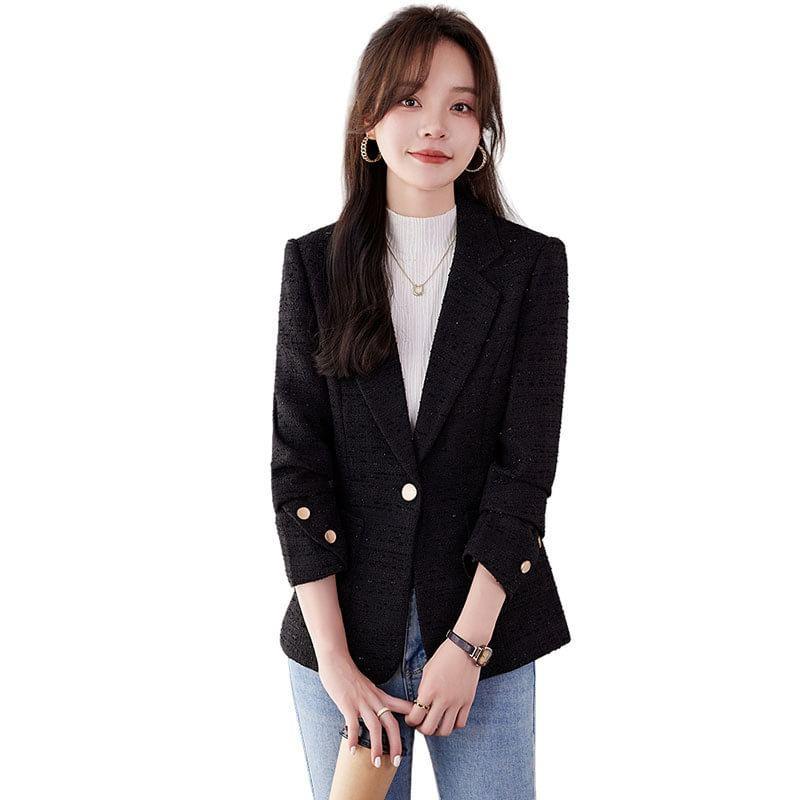 Lapel Collar Plain Tweed Single Button Blazer Product Image