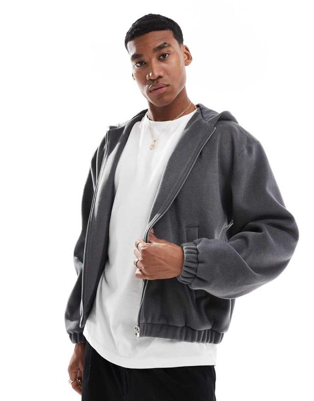 ASOS DESIGN wool look bomber jacket with hood in gray Product Image