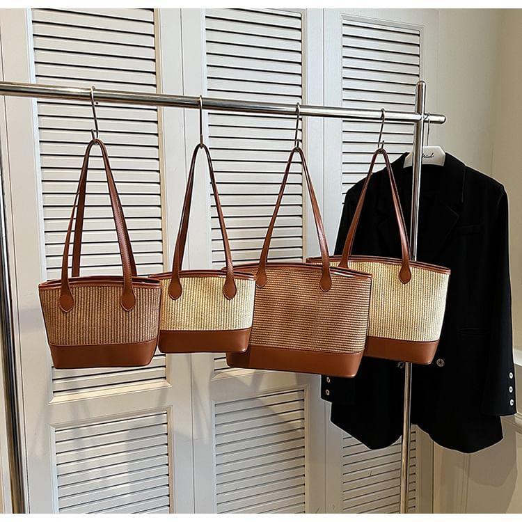 Faux Leather Panel Straw Tote Bag Product Image